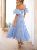 Fashionable One-Shoulder Chiffon Puff Sleeve Swing Midi Dress