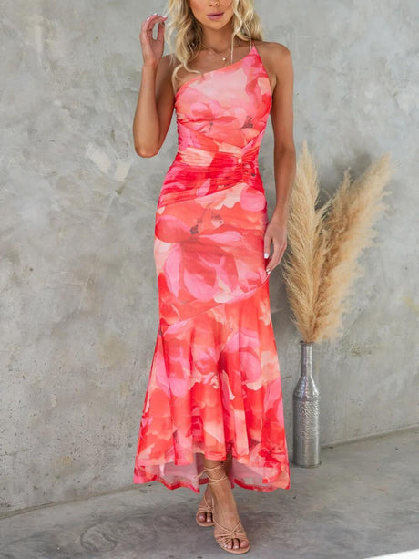 Aurohaya Beautiful Casual Off-Shoulder Floral Print Elastic Slim Irregular Maxi Dress Red