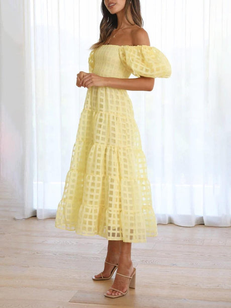 Aurohaya Fashionable One-Shoulder Chiffon Puff Sleeve Swing Midi Dress