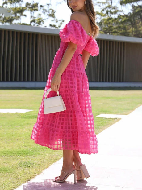 Aurohaya Fashionable One-Shoulder Chiffon Puff Sleeve Swing Midi Dress