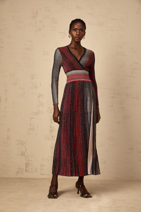 Aurohaya Amaryllis Red Long Sleeve Sequin Striped Knit Maxi Dress