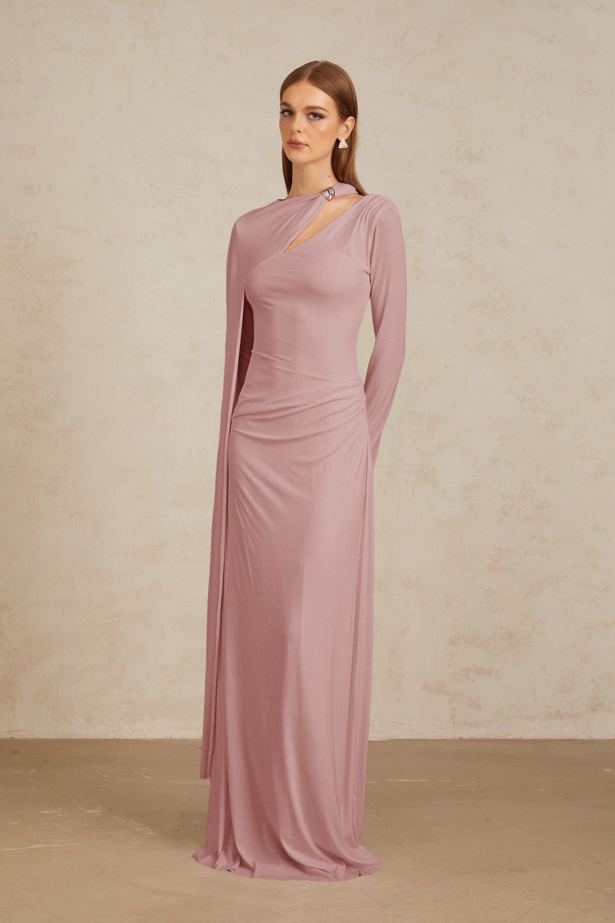 Aurohaya Josette Pink Diagonal Shawl Fitted Maxi Dress