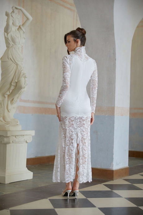 Aurohaya Airelle White Satin Panel Lace Maxi Dress