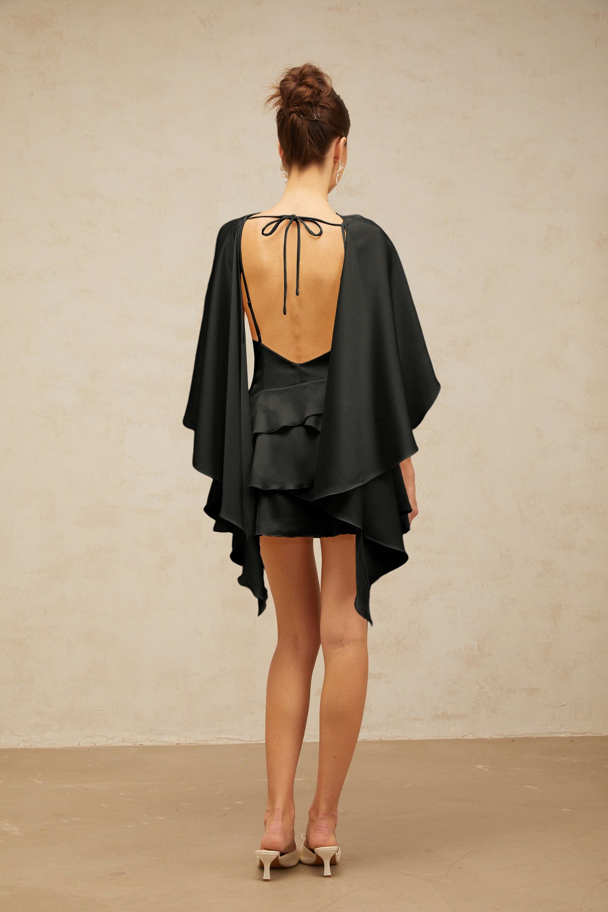 Aurohaya Lyna Black Satin Ruffled Mini Dress with Shawl Panel Detail