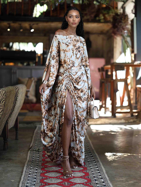 Aurohaya Elegant One-Shoulder Floral Draped Ruched Maxi Dress