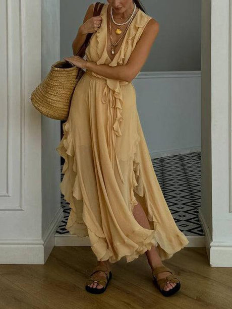 Aurohaya Elegant Ruffled V-Neck High-Slit Maxi Dress Apricot