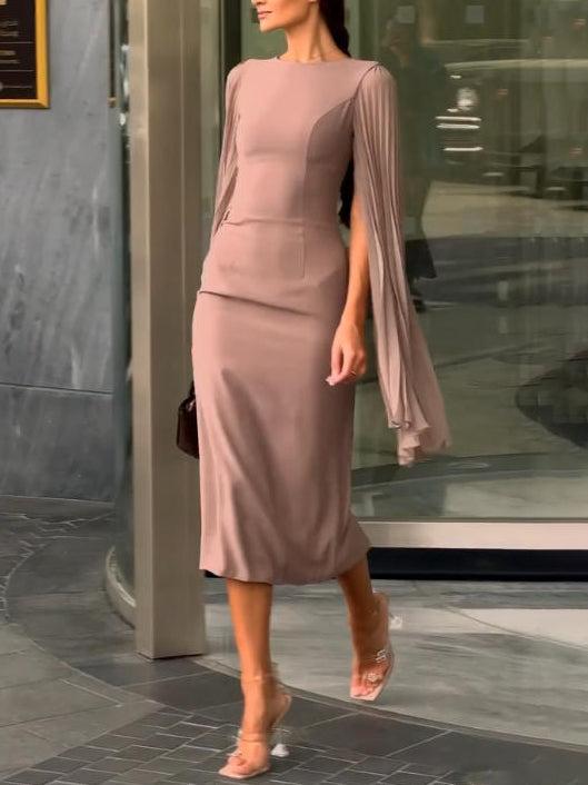 Aurohaya Elegant Pleated Cape Sleeve Midi Dress