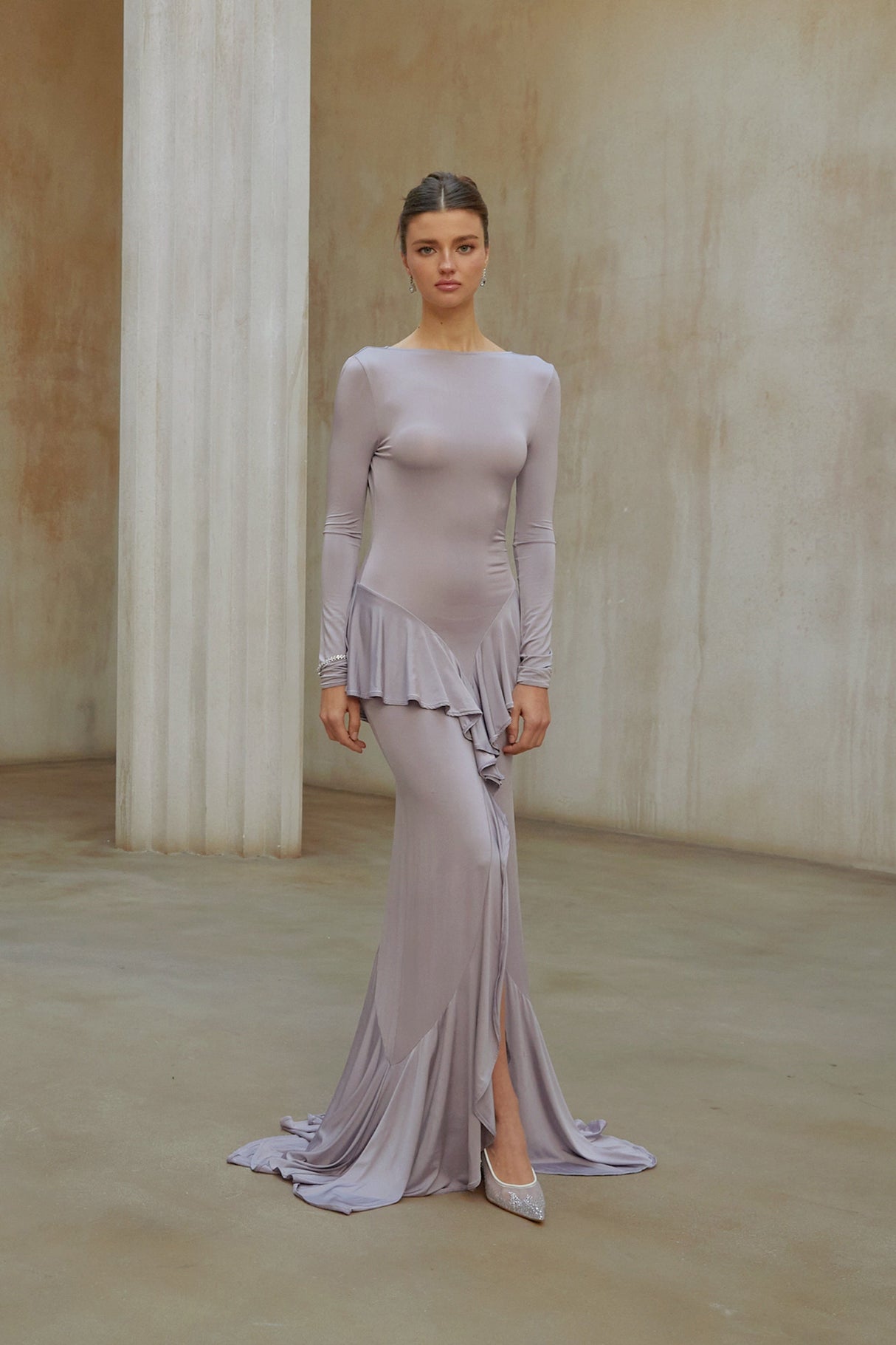 Aurohaya Xenia Purple Ruffle Detail Maxi Dress with Front Slit
