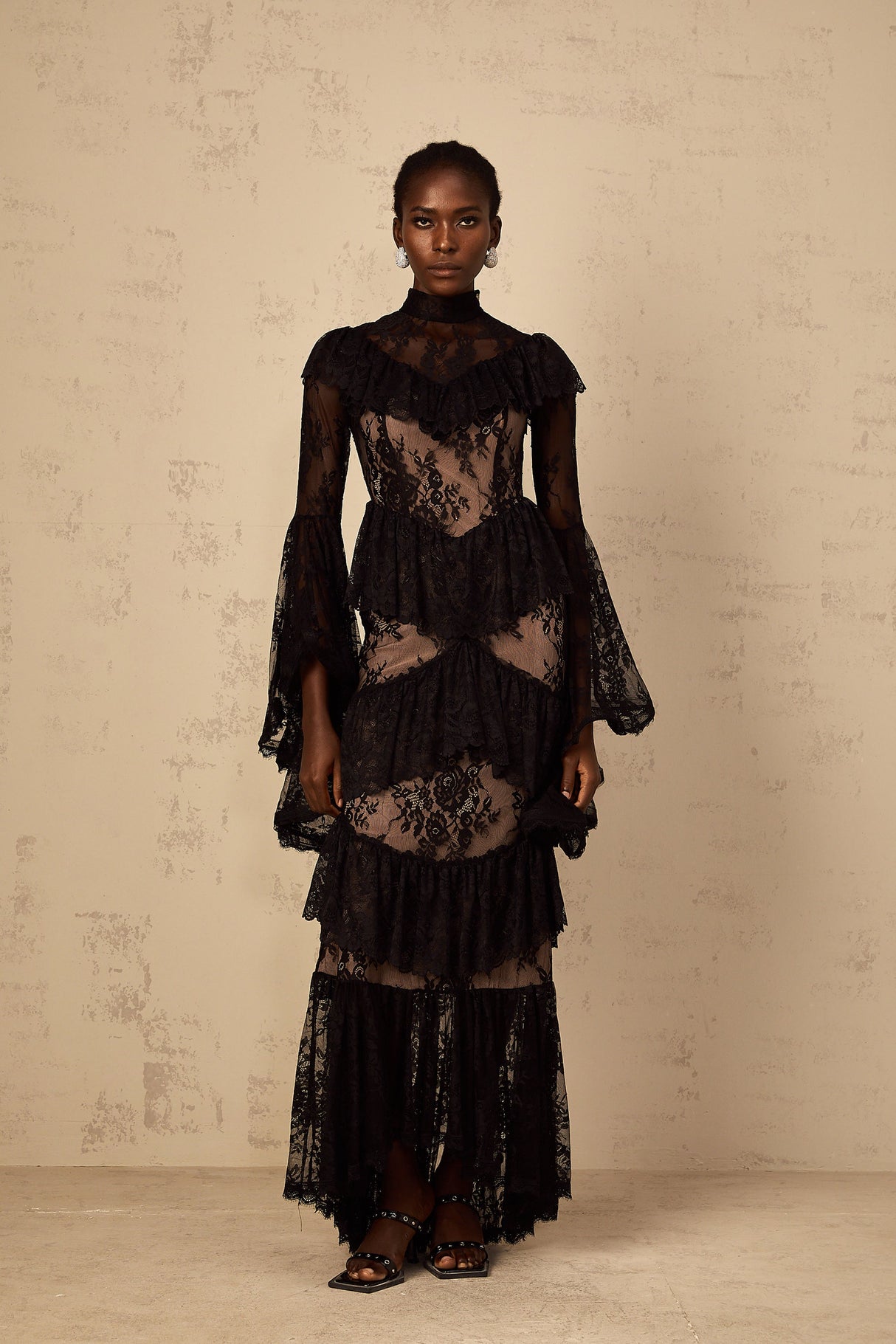 Aurohaya Roxane black floral-lace ruffled maxi dress