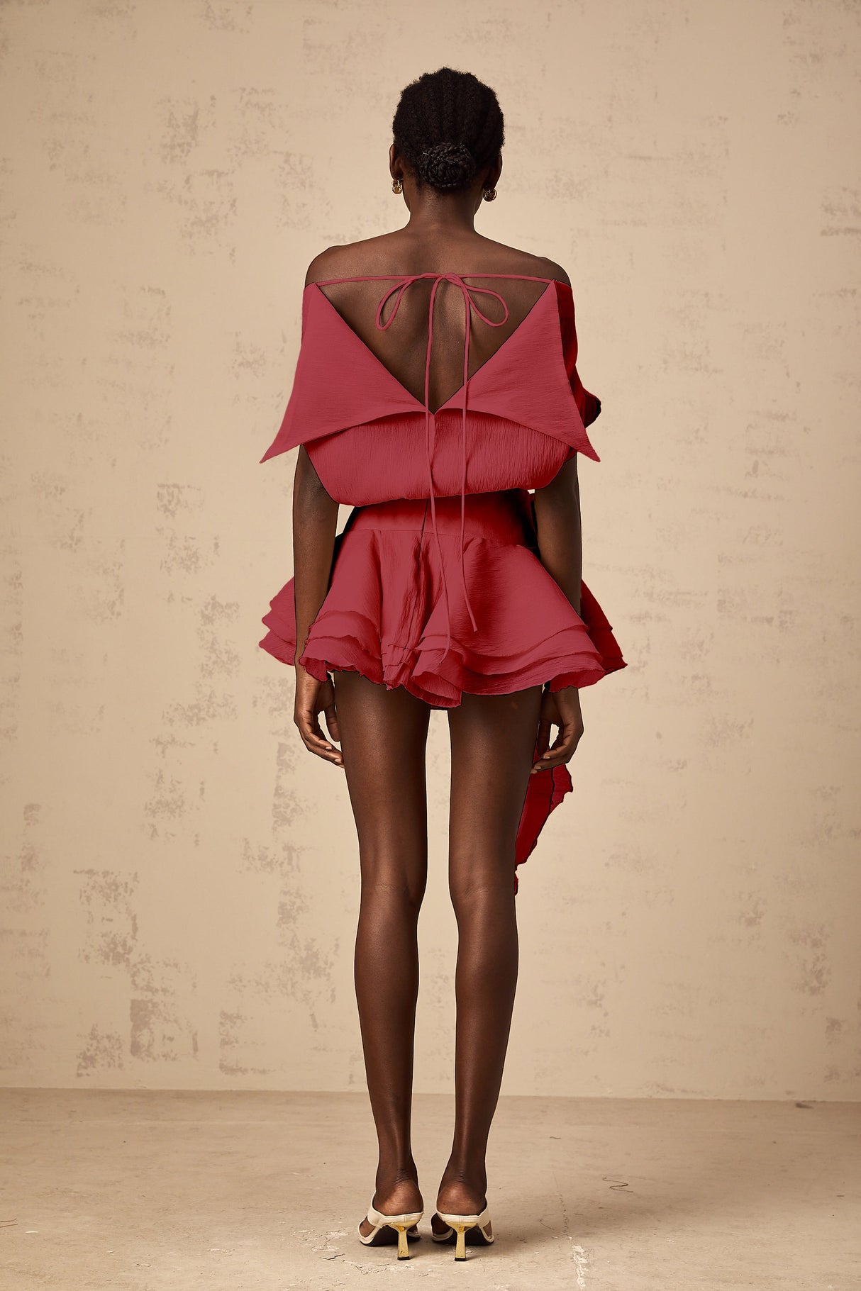 Aurohaya Amélie Red Floral Appliqué Flounced Mini Dress