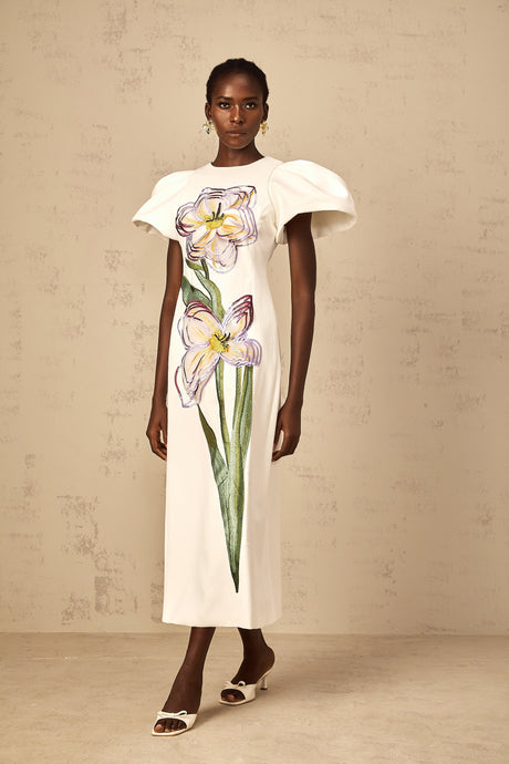 Aurohaya Irène White Sequin Floral Embroidered Midi Dress