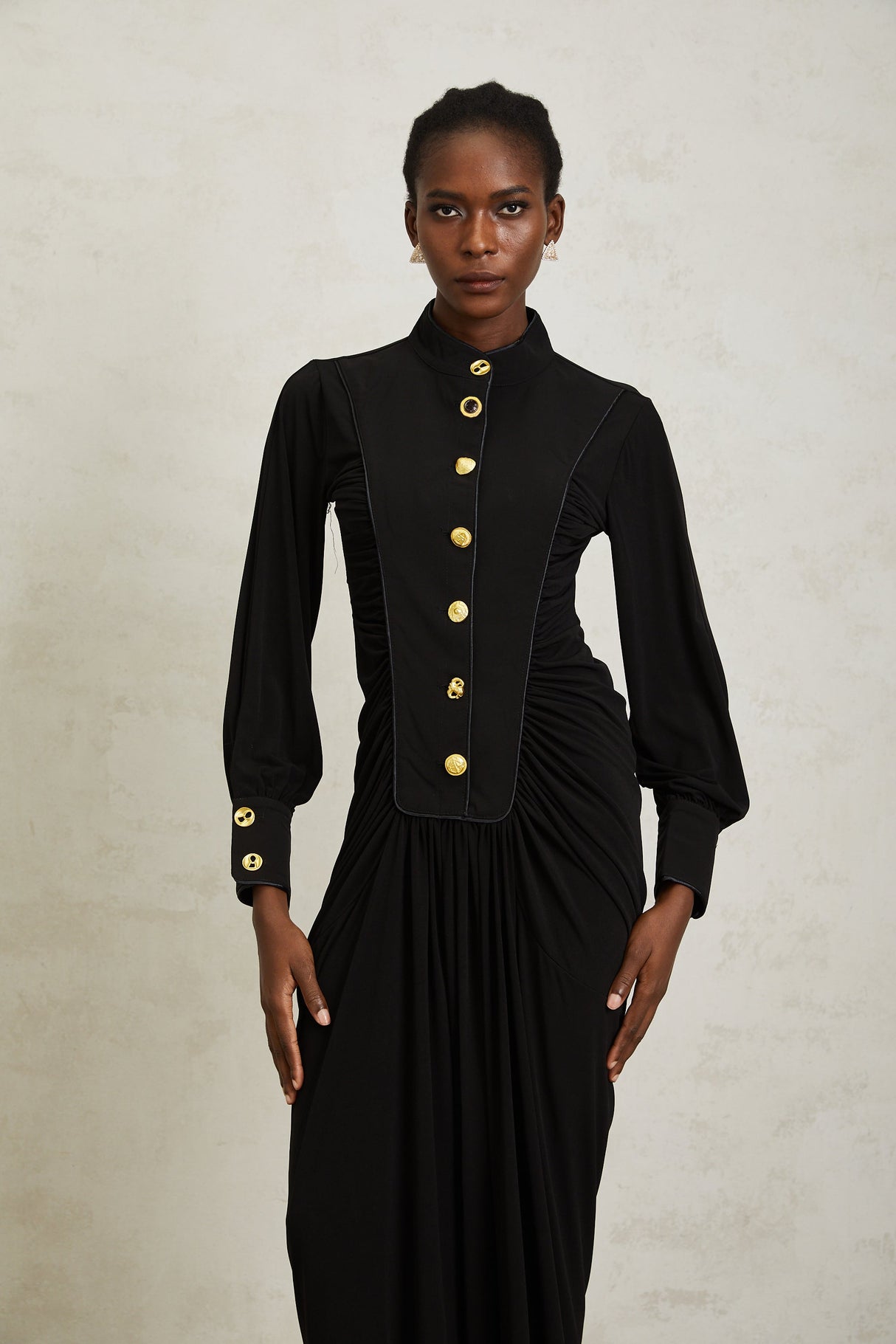 Aurohaya Brooklyn Black Gathered Draped Maxi Dress