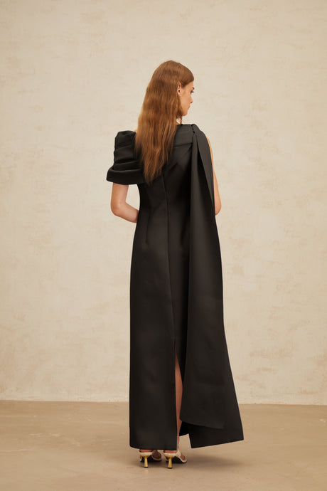 Aurohaya Annabelle Black Cape-Design Ribbon Maxi Dress