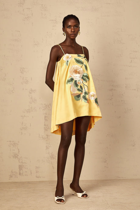 Aurohaya Avril Yellow Floral Embroidered Mini Dress