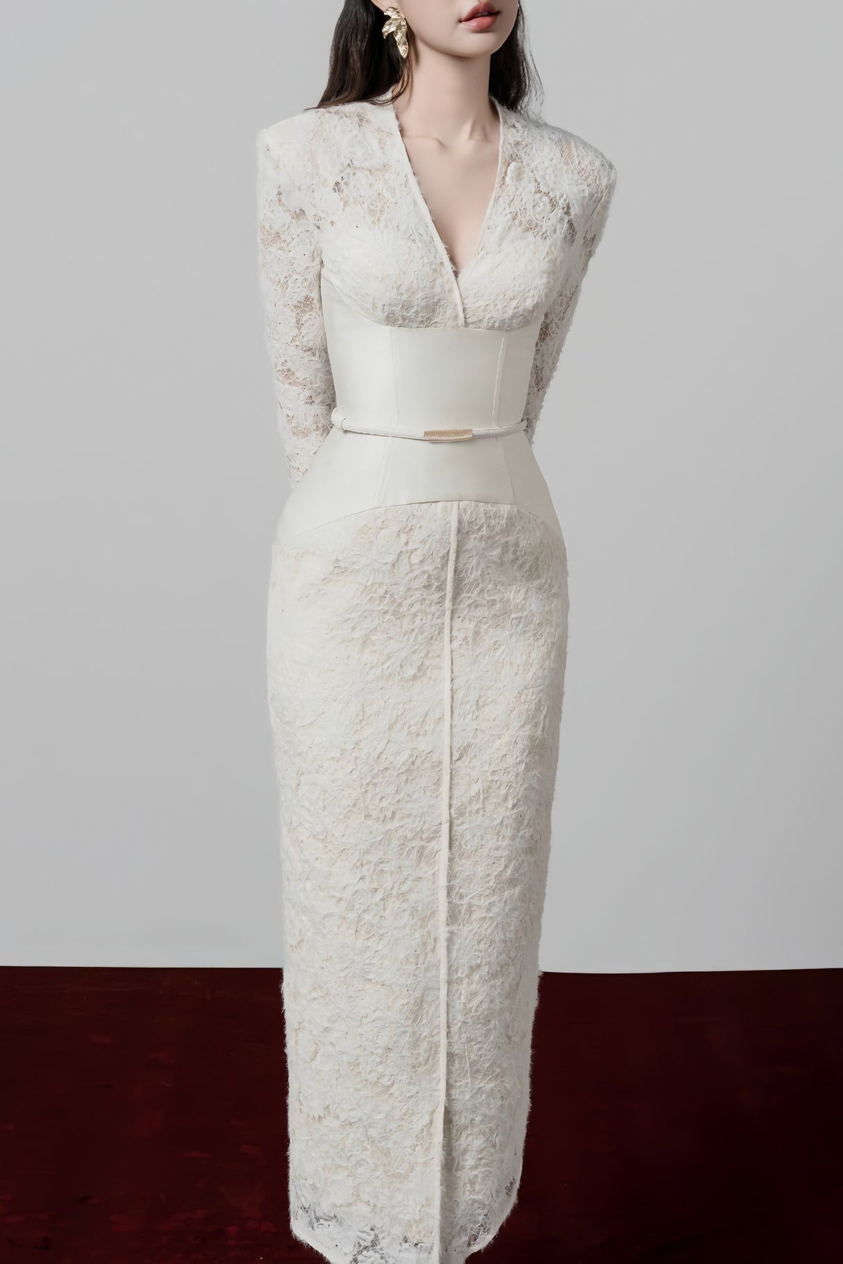 Aurohaya Oona White Floral Lace Pencil Midi Dress
