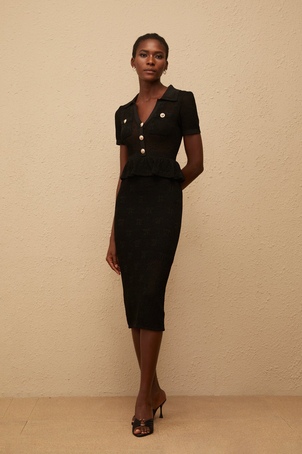 Aurohaya Theodora Black Crochet Knit Midi Dress