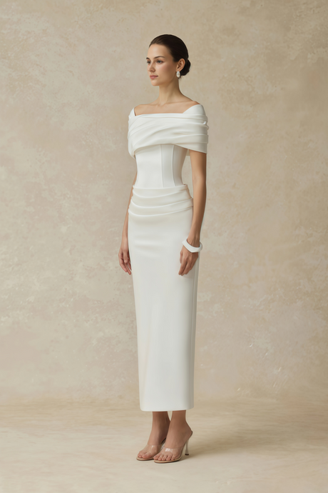 Aurohaya Valérie White Draped Midi Dress