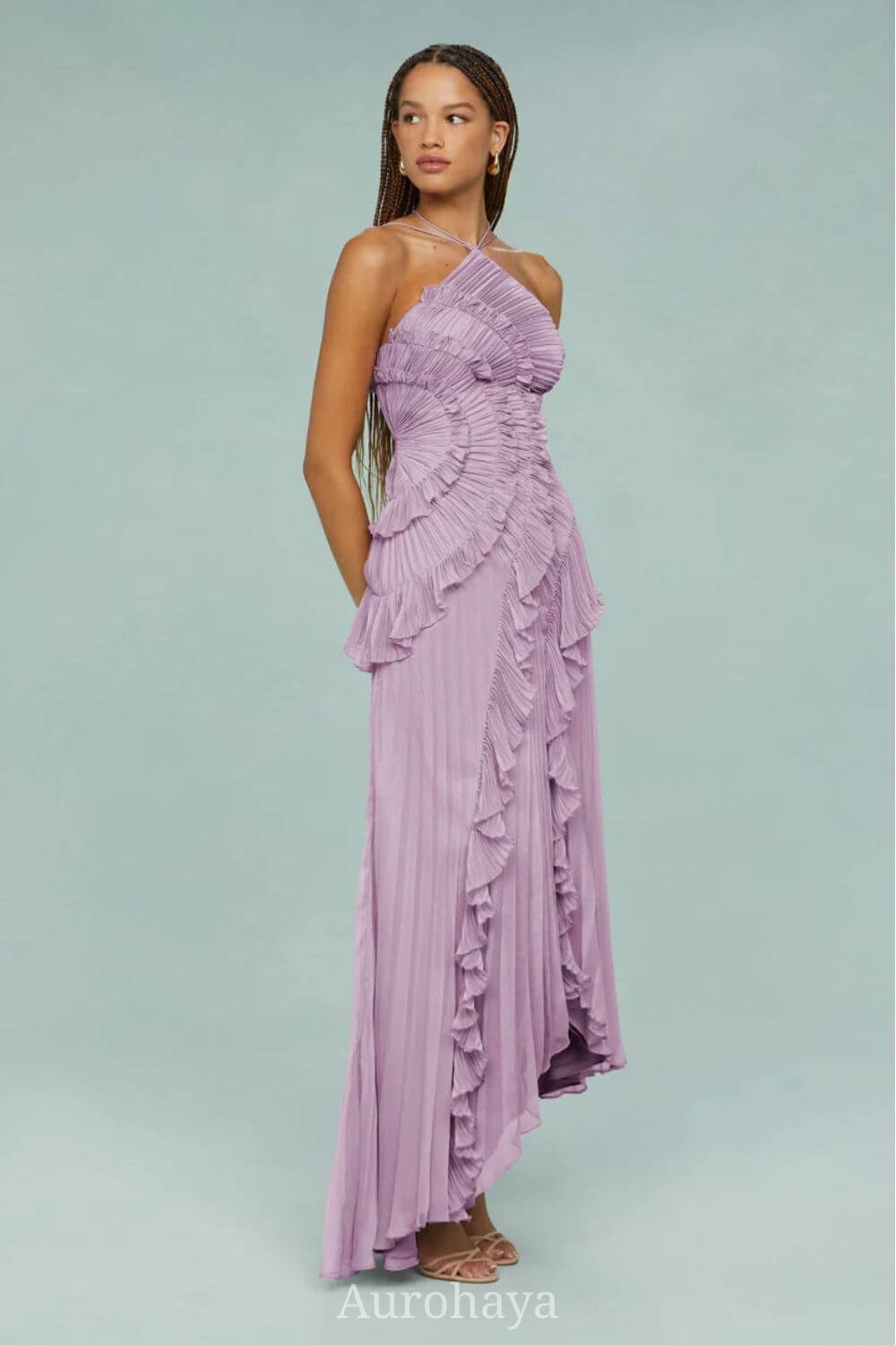 Aurohaya Véronique Ruffle Halter-Neck Pleated Maxi Dress