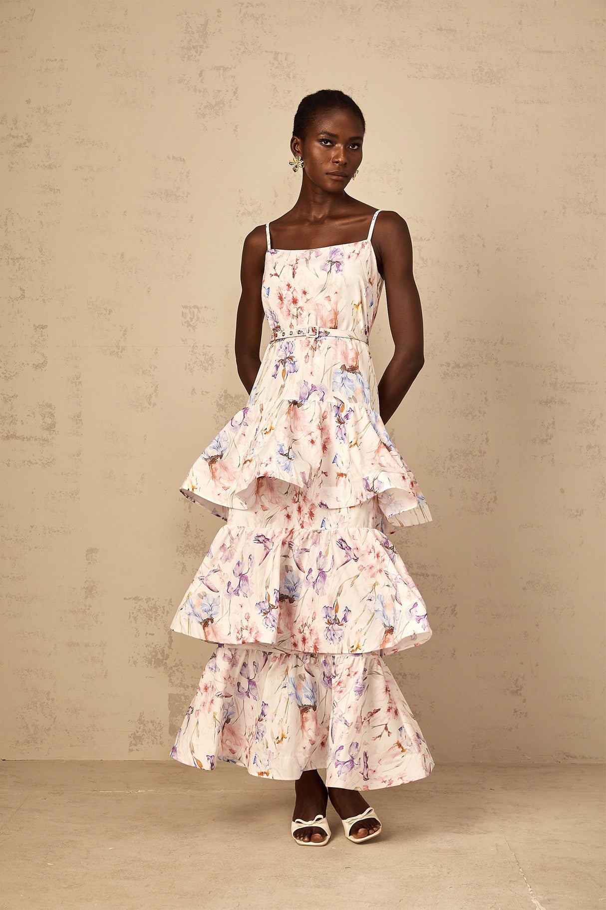 Aurohaya Géraldine White Floral Print Ruffled Tiered Maxi Dress