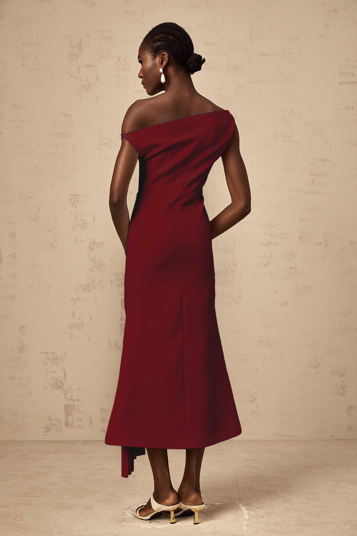 Aurohaya Laurine asymmetrical draped midi dress in Burgundy