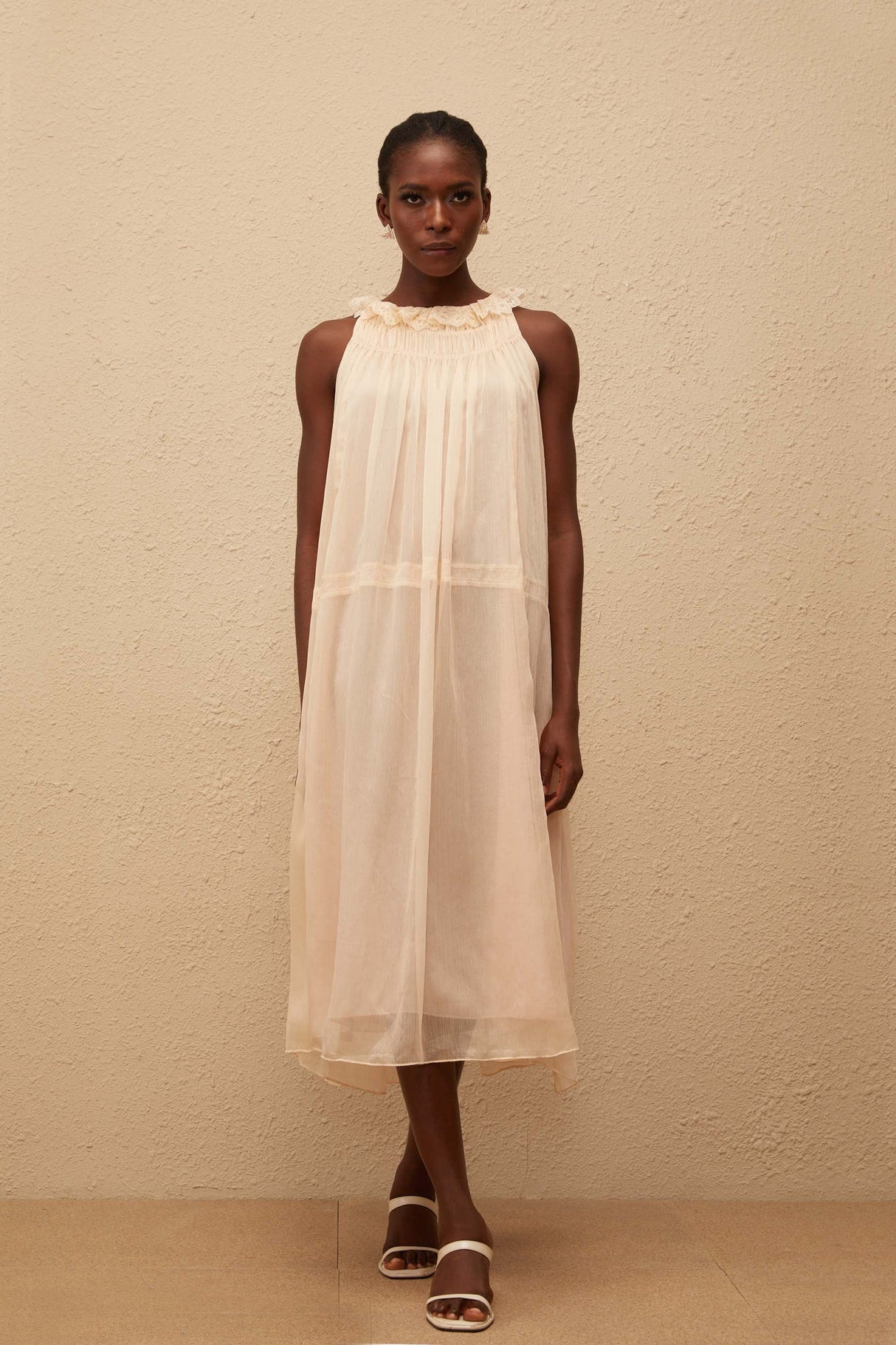 Aurohaya Orélie Neutral Pleated Chiffon Midi Dress