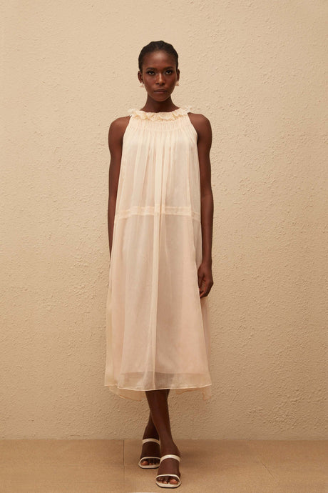 Aurohaya Orélie Neutral Pleated Chiffon Midi Dress