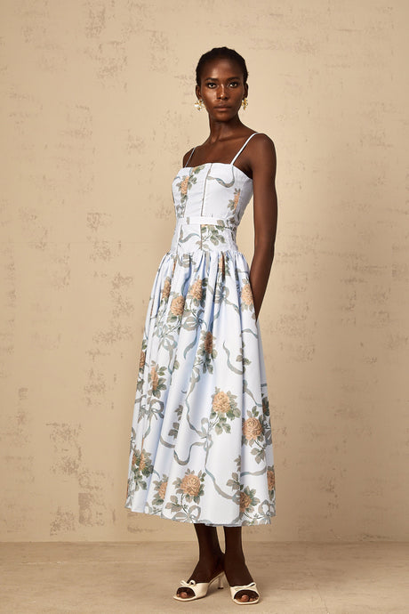 Aurohaya Fleur Blue Floral Print Midi Dress