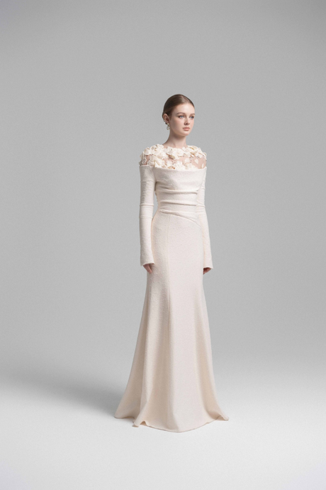 Aurohaya Silvia White Floral Appliqué Off-Shoulder Gown