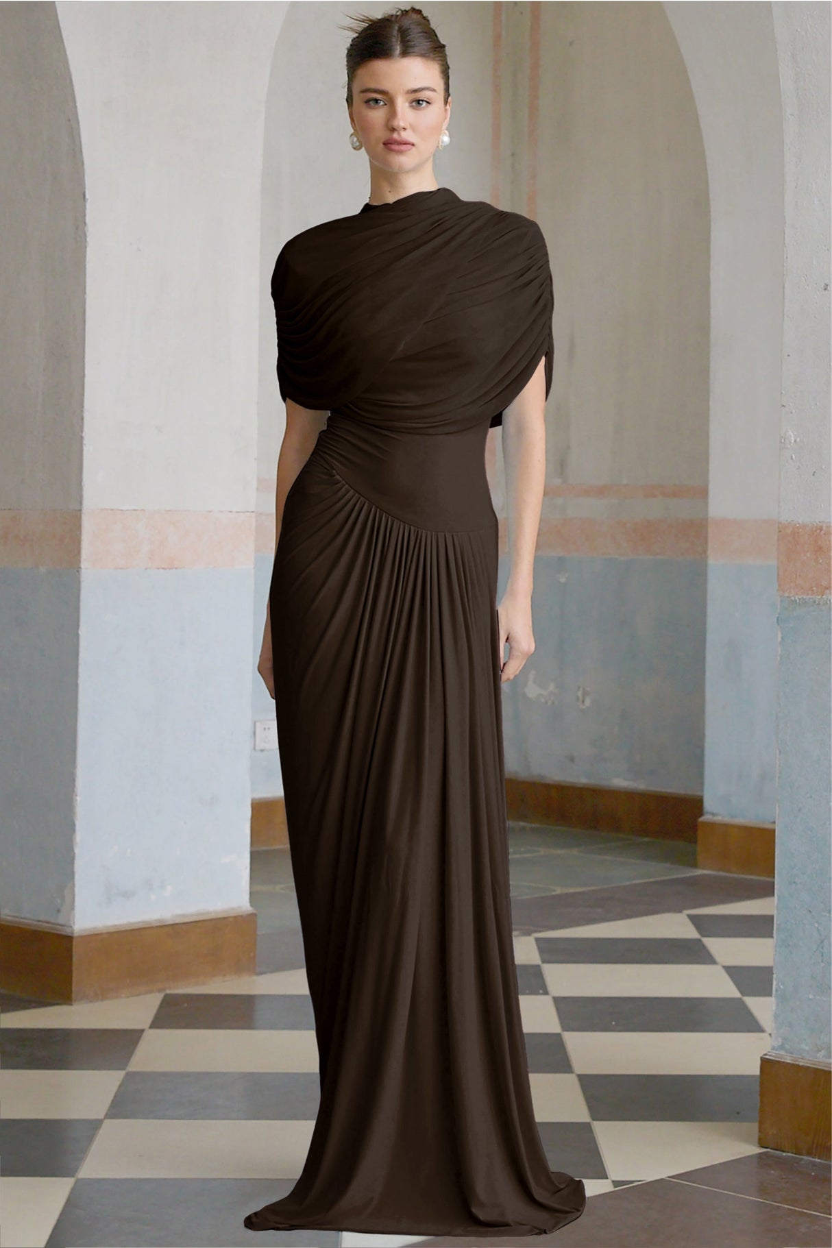 Aurohaya Catherine asymmetrical pleated maxi dress in Brown