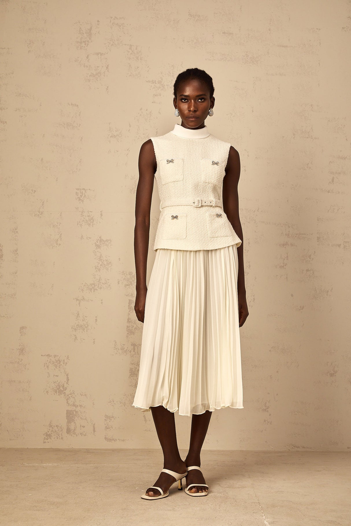 Aurohaya Dulcie Off-White Tulle Panel Tweed Midi Dress