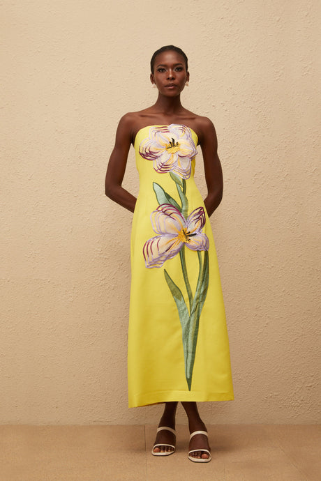 Aurohaya Irène Sequin Embroidered Off-Shoulder Midi Dress in Yellow