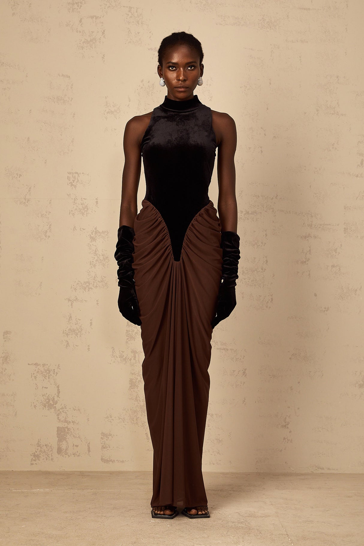 Aurohaya Mathilde brown velvet-panel ruched maxi dress