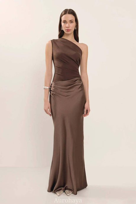 Aurohaya Elegant One Shoulder Neck Pleated Maxi Dress