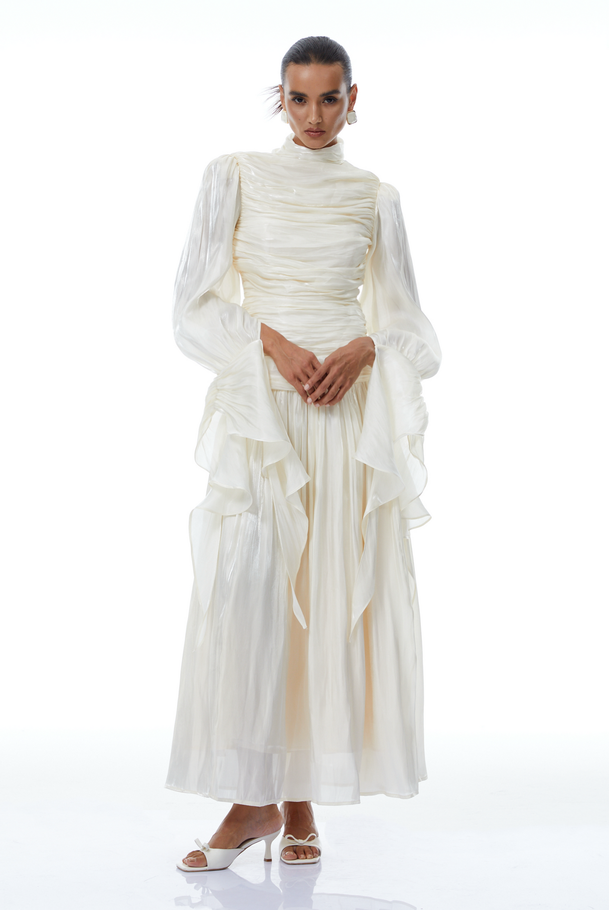 Aurohaya Sarolta Neutral Glossy Ruched Maxi Dress