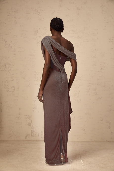 Aurohaya Delphine ribbon-design corset maxi dress in Brown