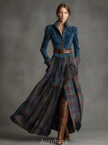 Aurohaya Blue Suede Patchwork Striped Maxi Dress - Women's Long Boho Dress Blue