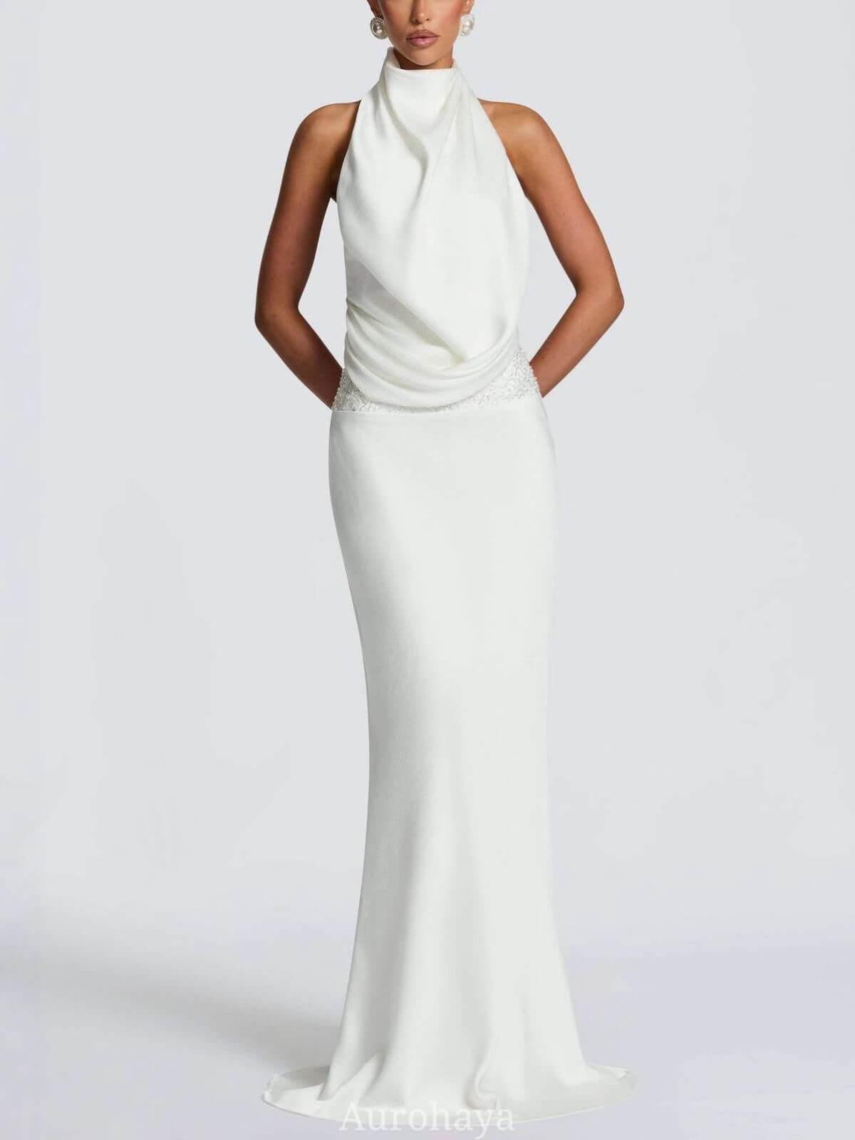 Aurohaya Camille Backless Sequin Satin Maxi Dress White