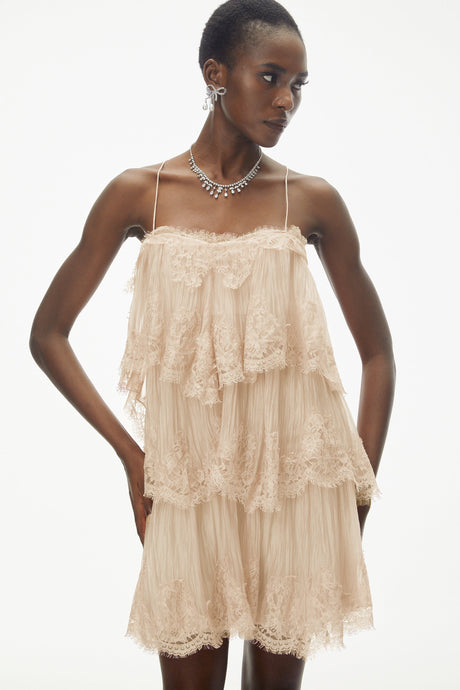 Aurohaya Rachel Beige Tiered Mini Dress with Lace Trim