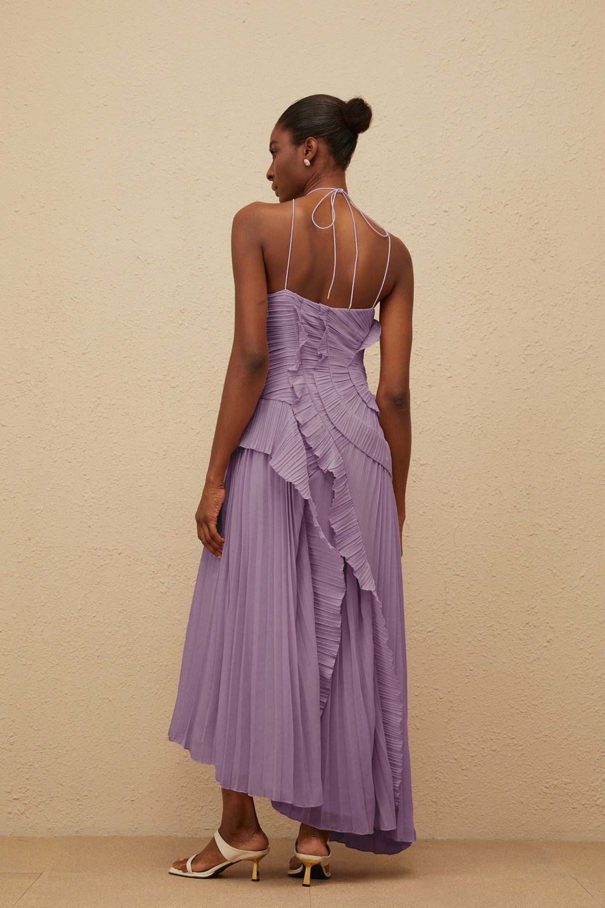 Aurohaya Doux Purple Ruffled Trim Pleated Midi Dress