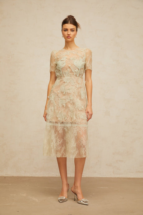 Aurohaya Xaviera mint-green floral-lace midi dress