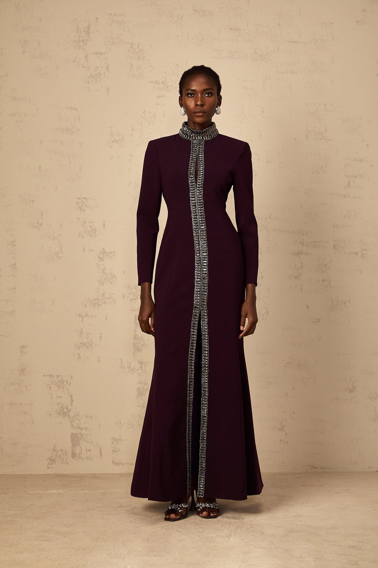 Aurohaya Maëlie Burgundy Embellished Flared Maxi Dress