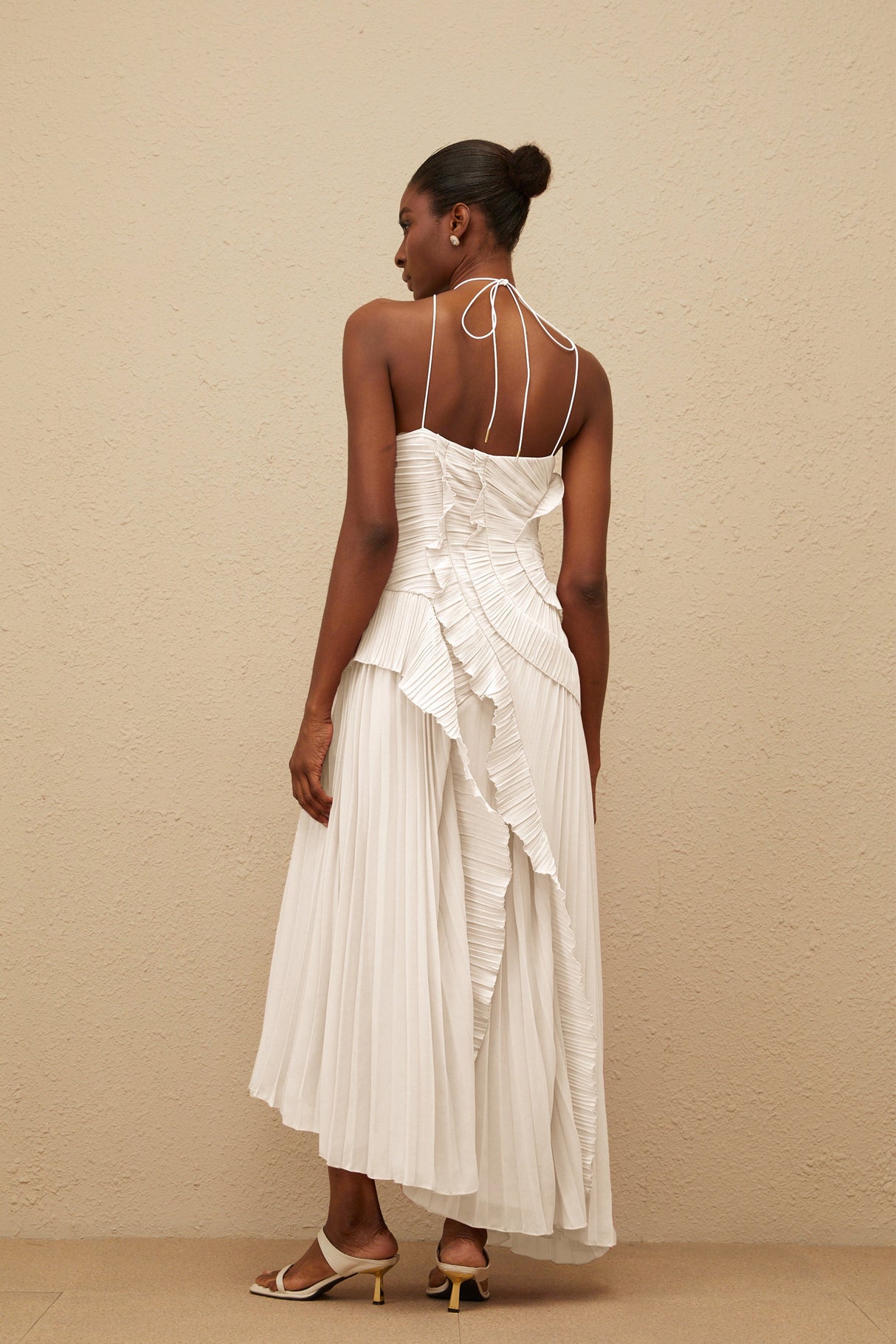 Aurohaya Doux White Ruffled Trim Pleated Midi Dress