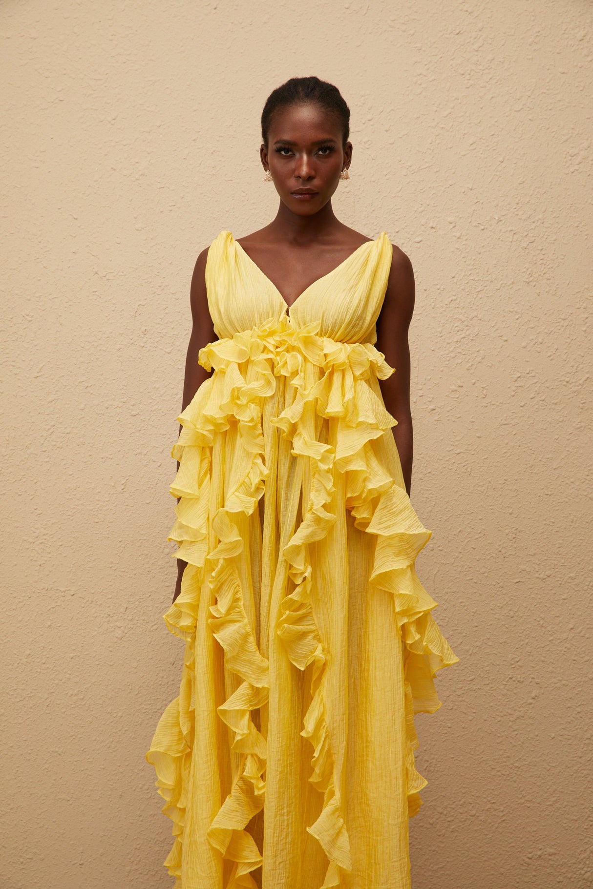 Aurohaya Estelle Yellow Crinkled Ruffled Maxi Dress