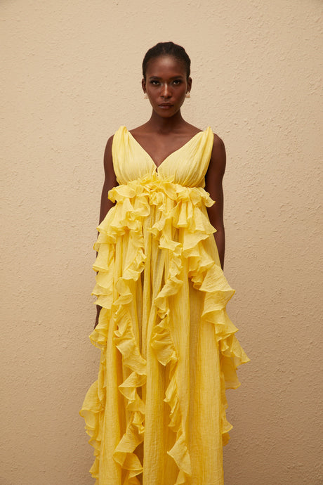 Aurohaya Estelle Yellow Crinkled Ruffled Maxi Dress