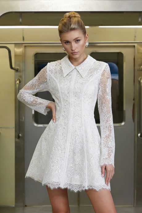 Aurohaya Aleksandra White Sequin Floral Lace Mini Dress