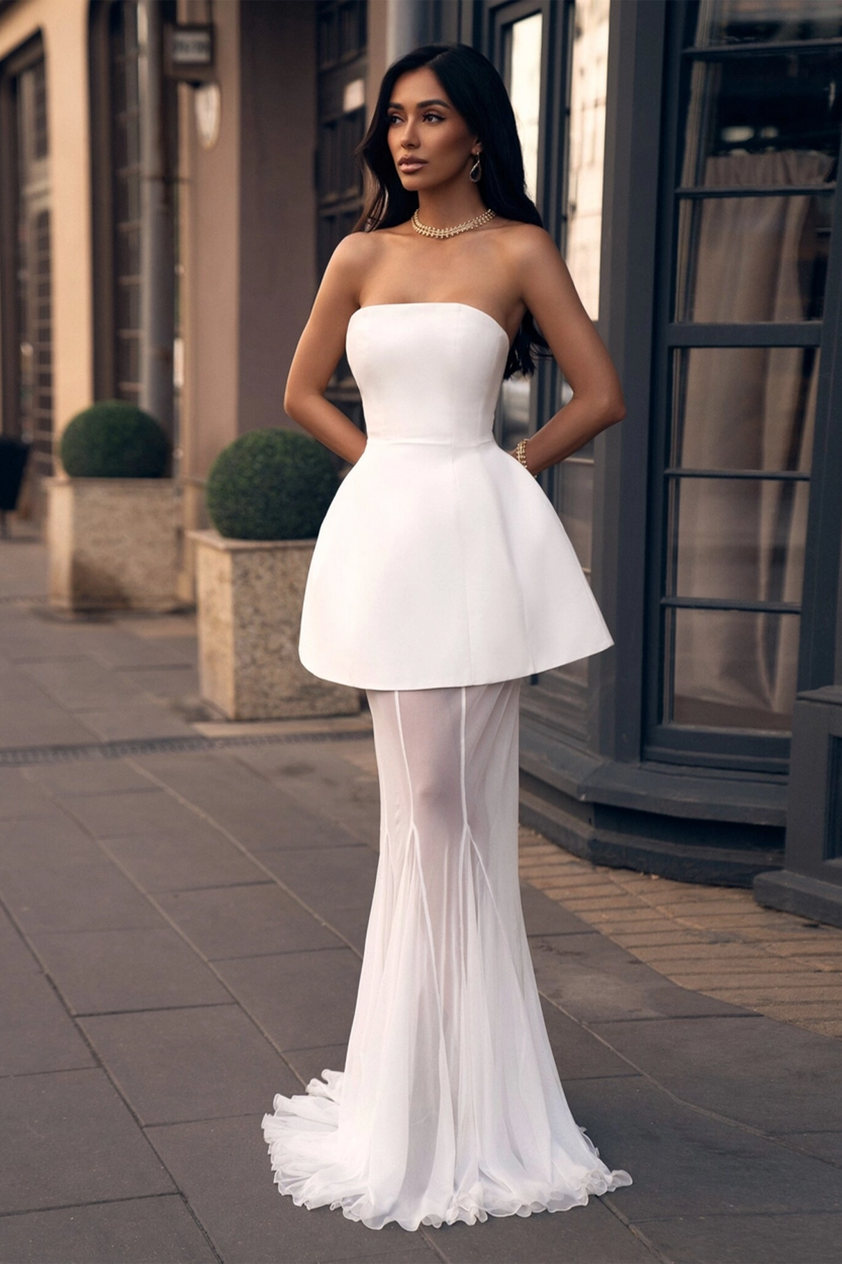 Aurohaya Mélanie White Corset Dress & Mesh Skirt Set
