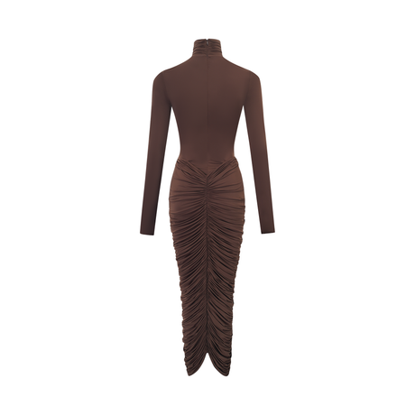Aurohaya Charitina Brown Fitted Ruched Midi Dress