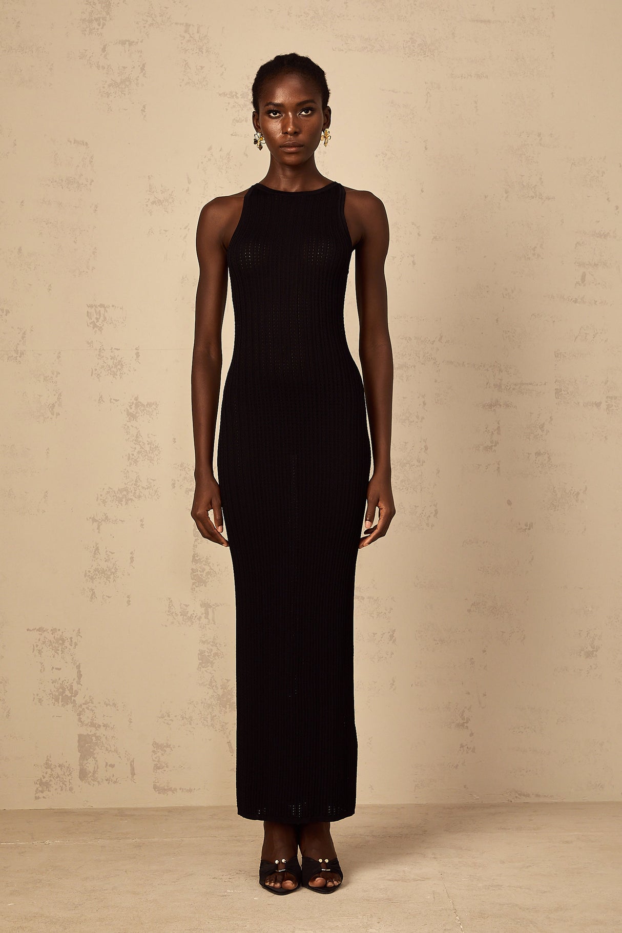 Aurohaya Déotille black fitted ribbed-knit maxi dress