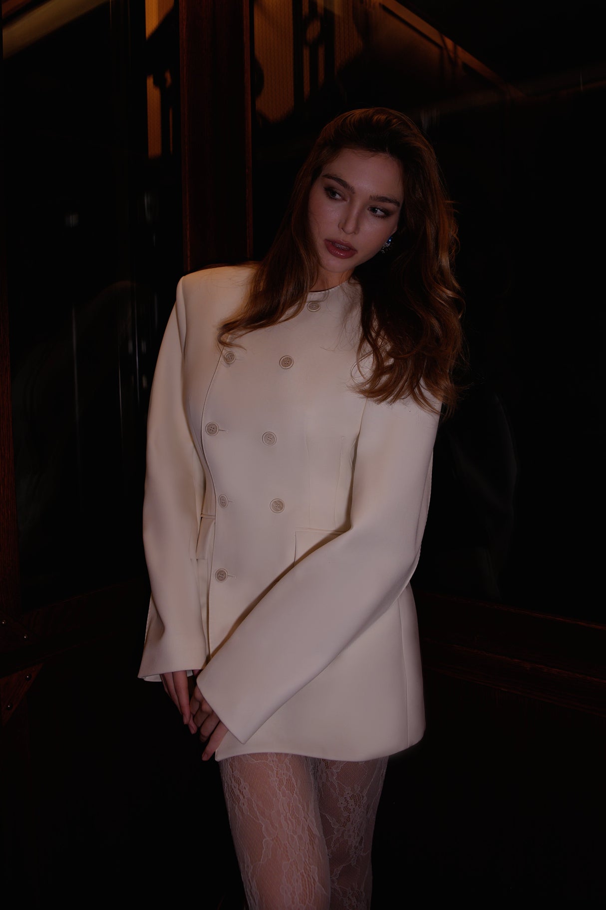Aurohaya Saffron White Double-Breasted Blazer Dress
