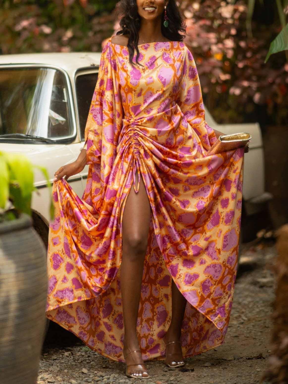 Aurohaya Vibrant Abstract Print Ruched High-Slit Maxi Dress Orange